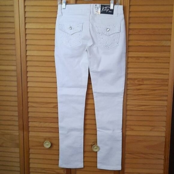 Klip Jeans NWT White Rhinestone 5 Pocket Low Rise Skinny Denim Jeans Size 7 - Picture 2 of 16